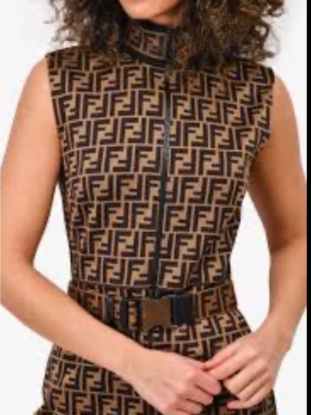 Sleeveless Brown Logo-Print Zip Front Dress